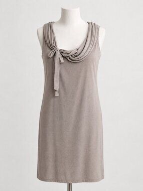 Caractere 100% Silk Sleeveless Dress with Drape Neck and Tie Detail Taupe Sz 8